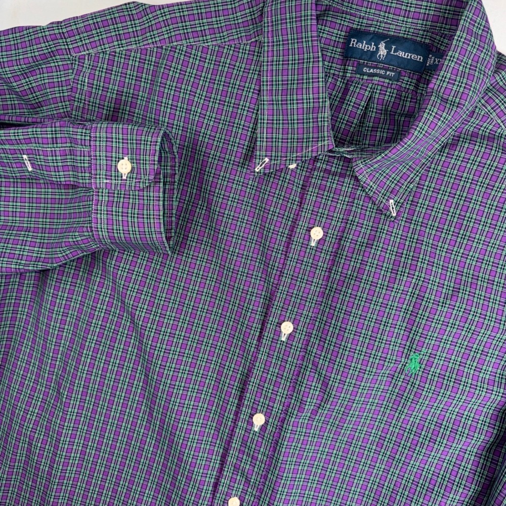 Ralph Lauren Button Down Shirt Mens XXL Purple Green Plaid Classic Fit Cotton